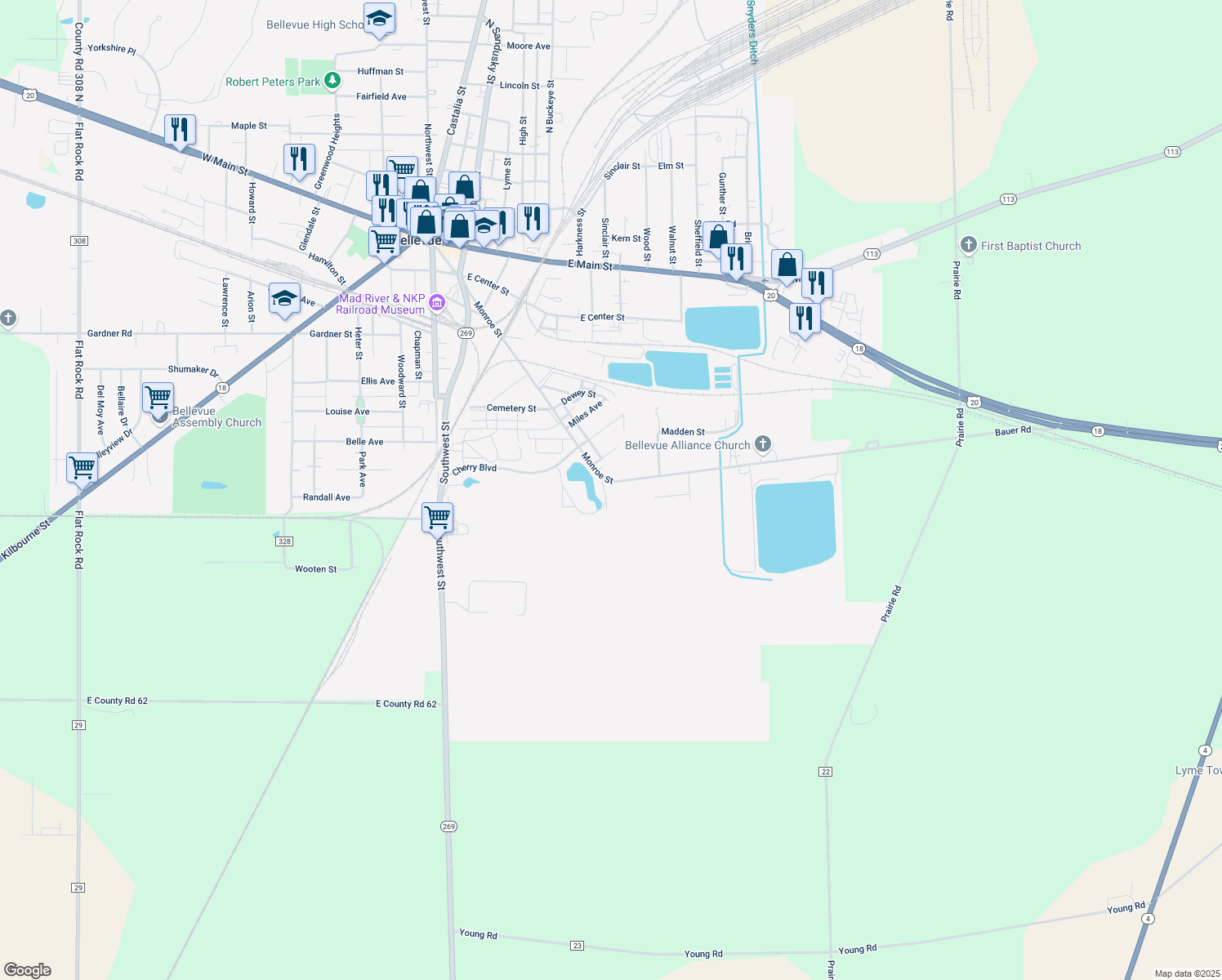 map of restaurants, bars, coffee shops, grocery stores, and more near 820 Monroe Street in Bellevue