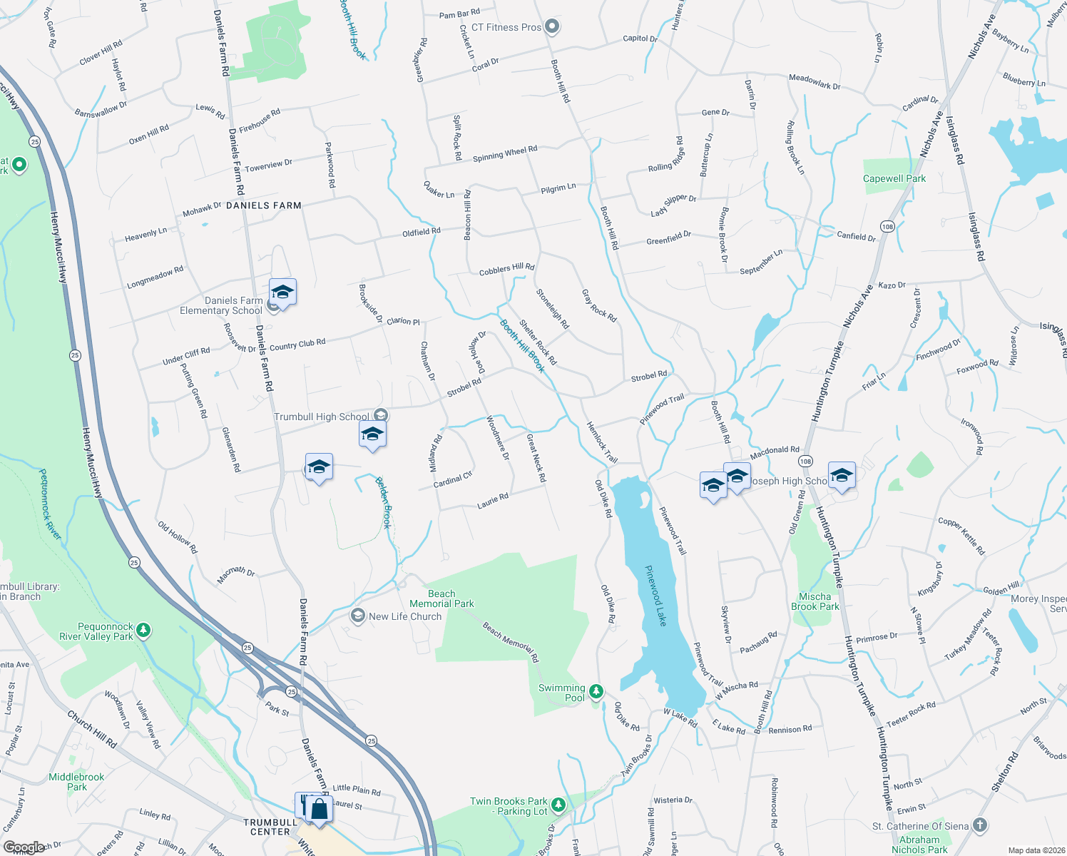 map of restaurants, bars, coffee shops, grocery stores, and more near 19 Great Neck Road in Trumbull