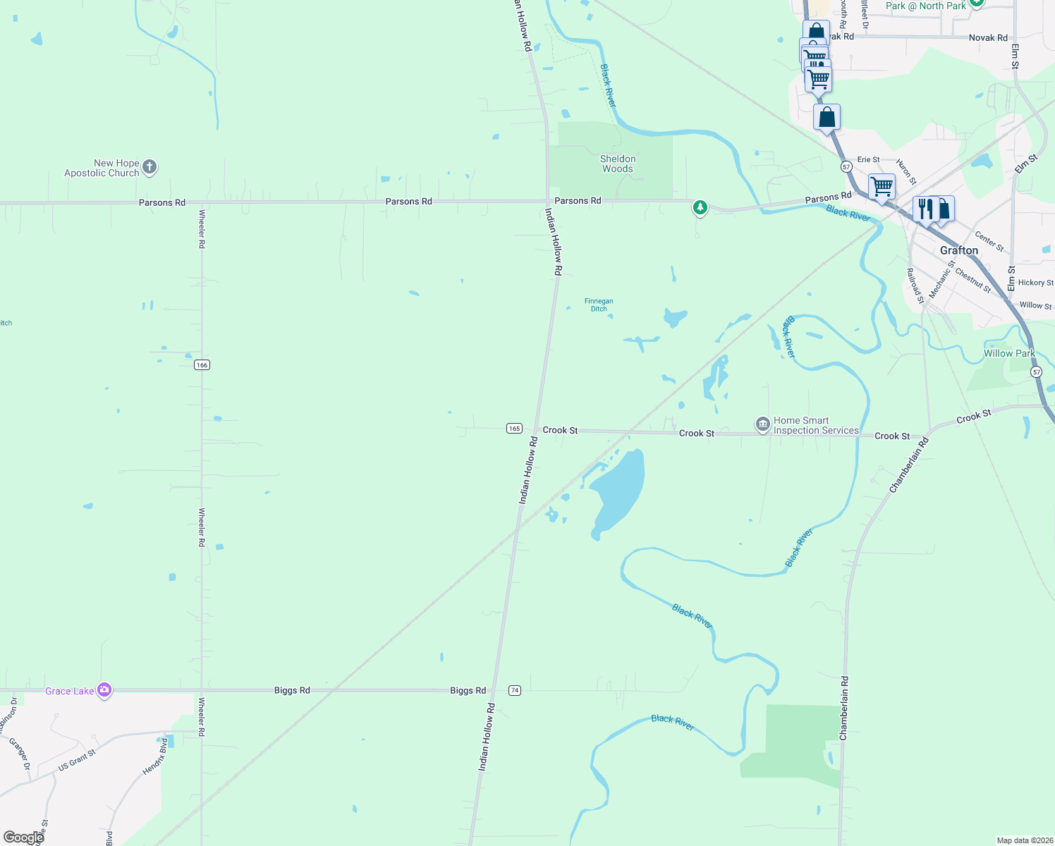 map of restaurants, bars, coffee shops, grocery stores, and more near 15128 Indian Hollow Road in Grafton