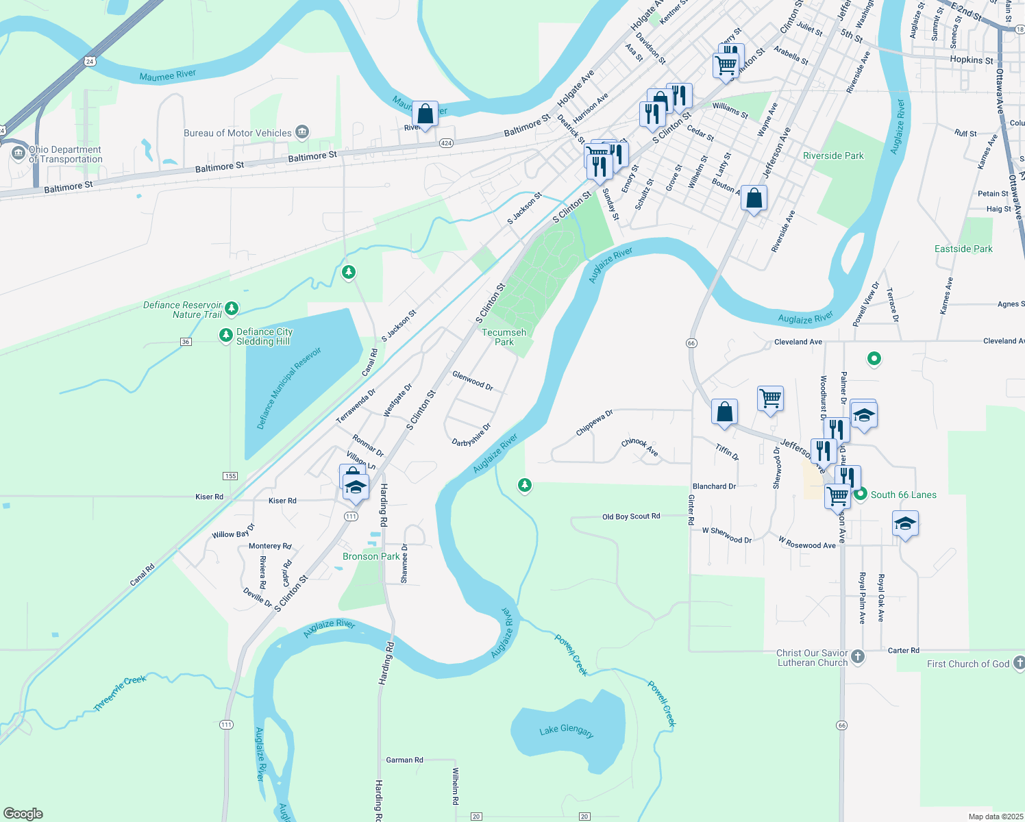 map of restaurants, bars, coffee shops, grocery stores, and more near 1607 Darbyshire Dr in Defiance