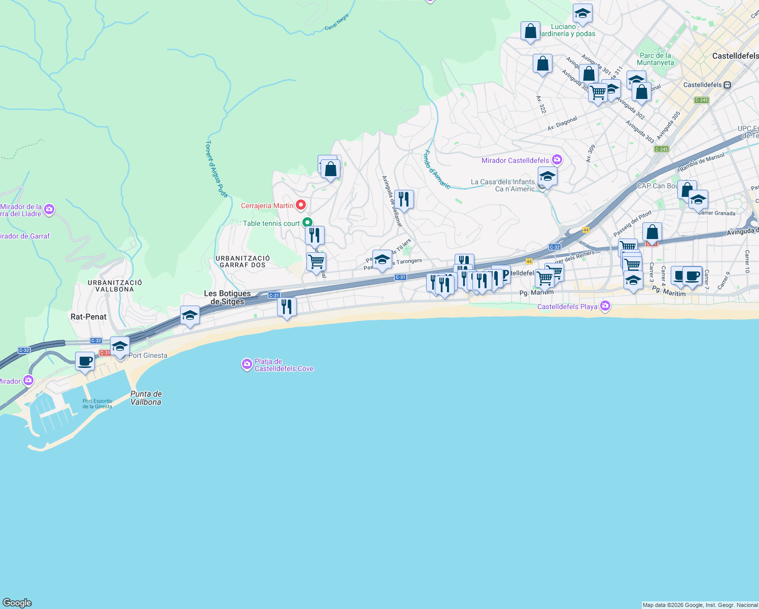 map of restaurants, bars, coffee shops, grocery stores, and more near in Castelldefels