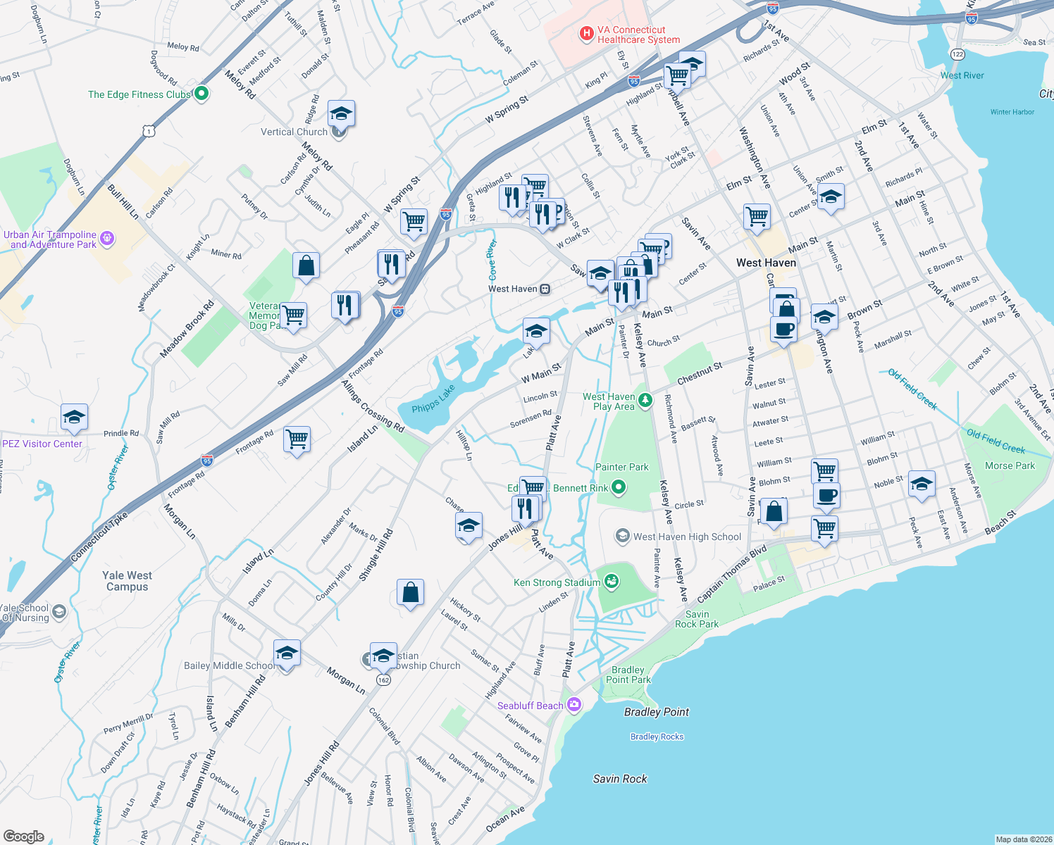 map of restaurants, bars, coffee shops, grocery stores, and more near 44 Sorenson Rd in West Haven