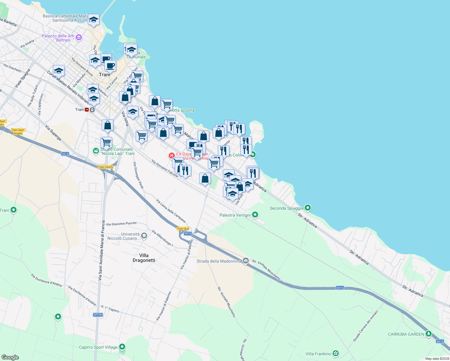 map of restaurants, bars, coffee shops, grocery stores, and more near 100 Viale Paolo de Gemmis in Trani
