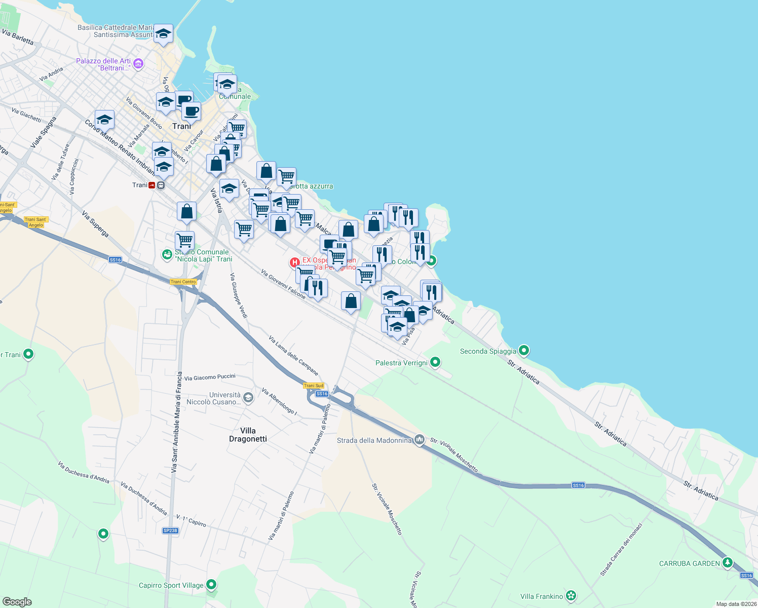 map of restaurants, bars, coffee shops, grocery stores, and more near 100 Viale Paolo de Gemmis in Trani