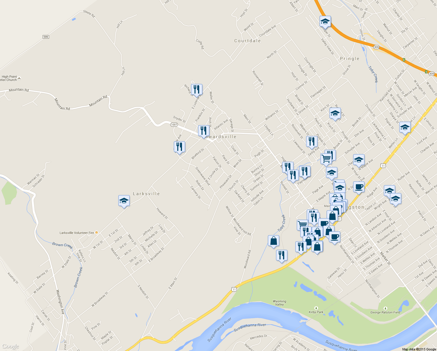 map of restaurants, bars, coffee shops, grocery stores, and more near 310 Cardinal Drive in Larksville
