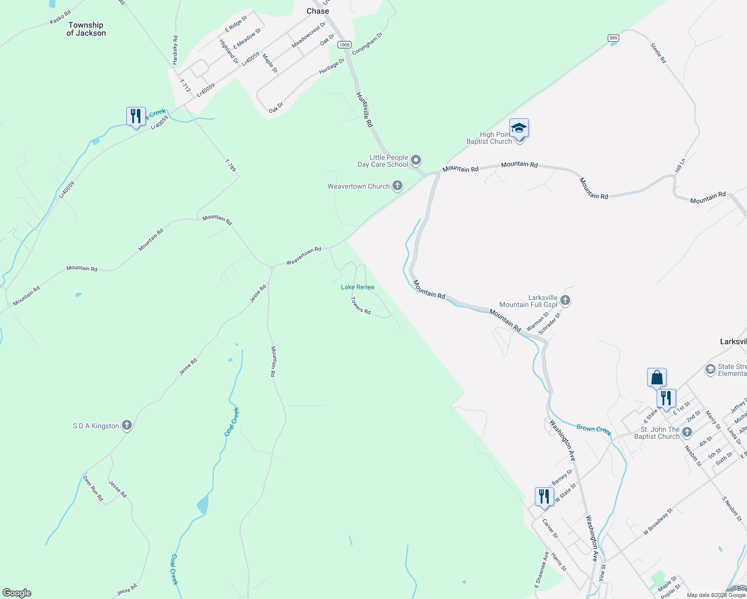 map of restaurants, bars, coffee shops, grocery stores, and more near 1101-1105 Hillcrest Road in Shavertown