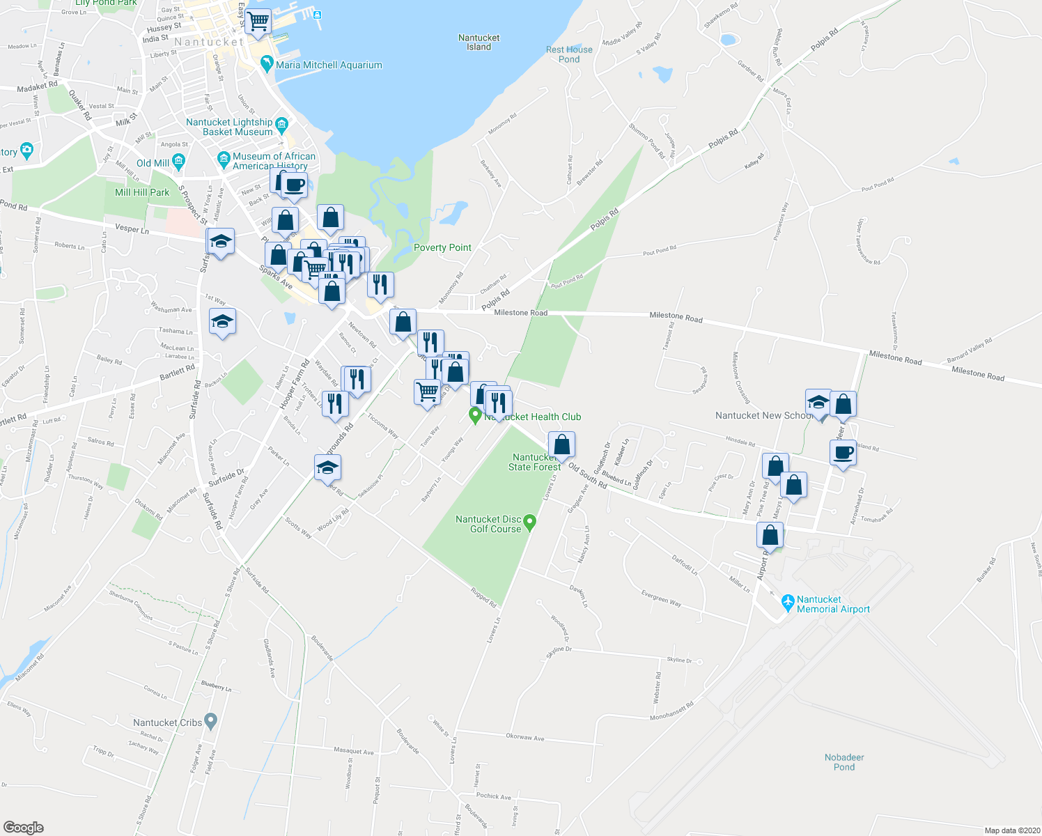 map of restaurants, bars, coffee shops, grocery stores, and more near 6 Fawn Lane in Nantucket