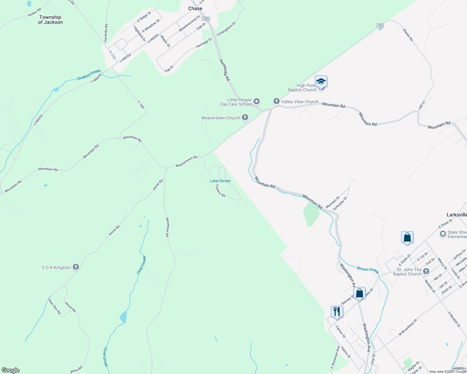 map of restaurants, bars, coffee shops, grocery stores, and more near Hillcrest Road in Luzerne County