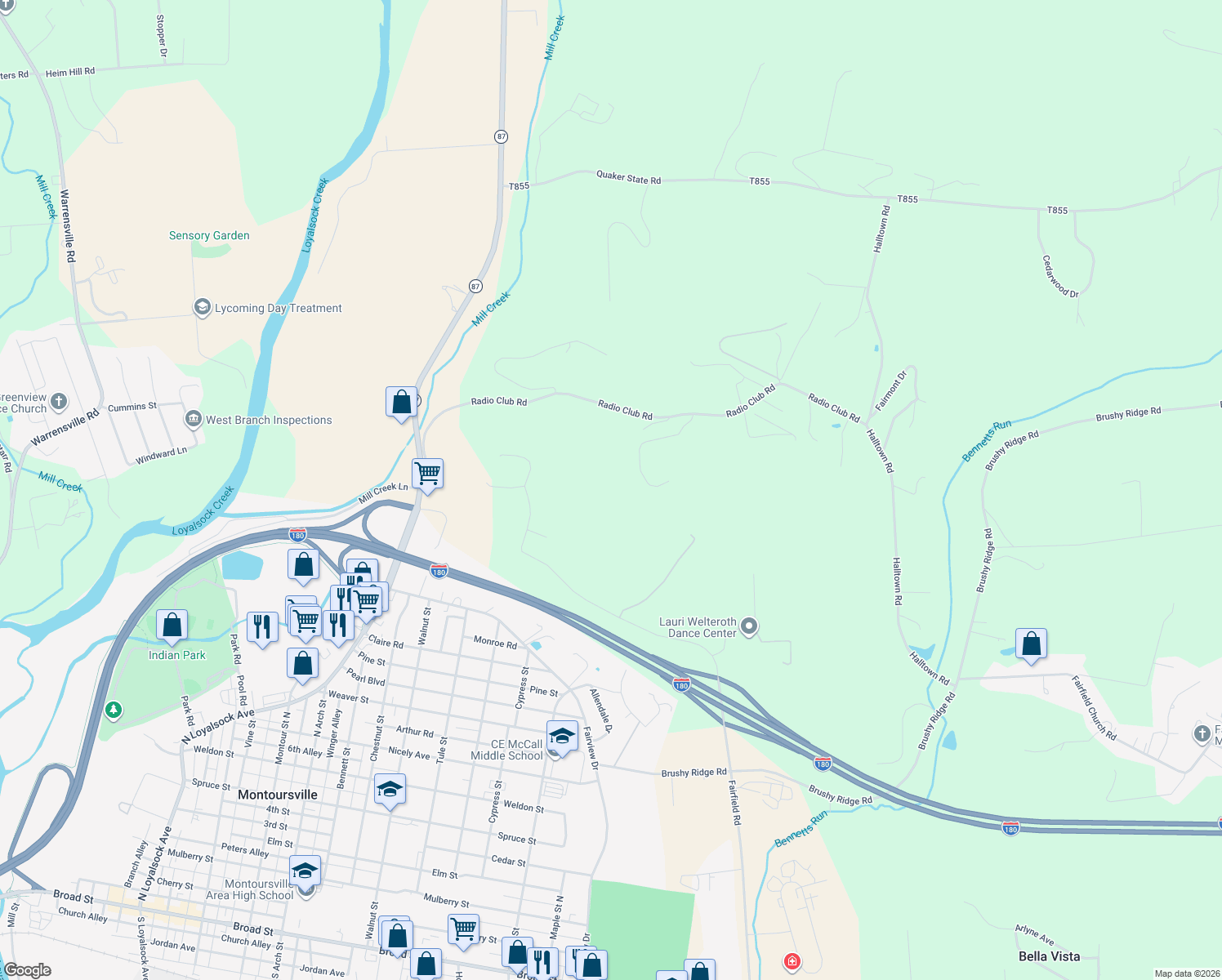 map of restaurants, bars, coffee shops, grocery stores, and more near 515 Spruce Street in Montoursville