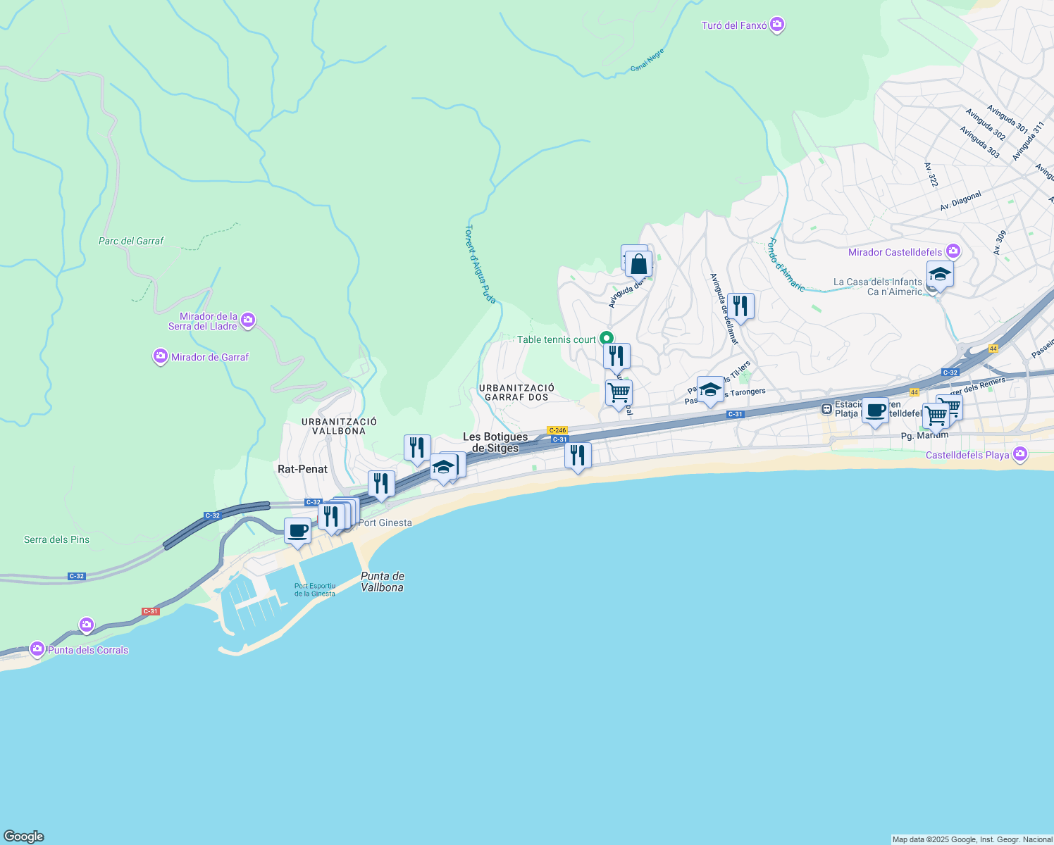 map of restaurants, bars, coffee shops, grocery stores, and more near in Les Botigues de Sitges