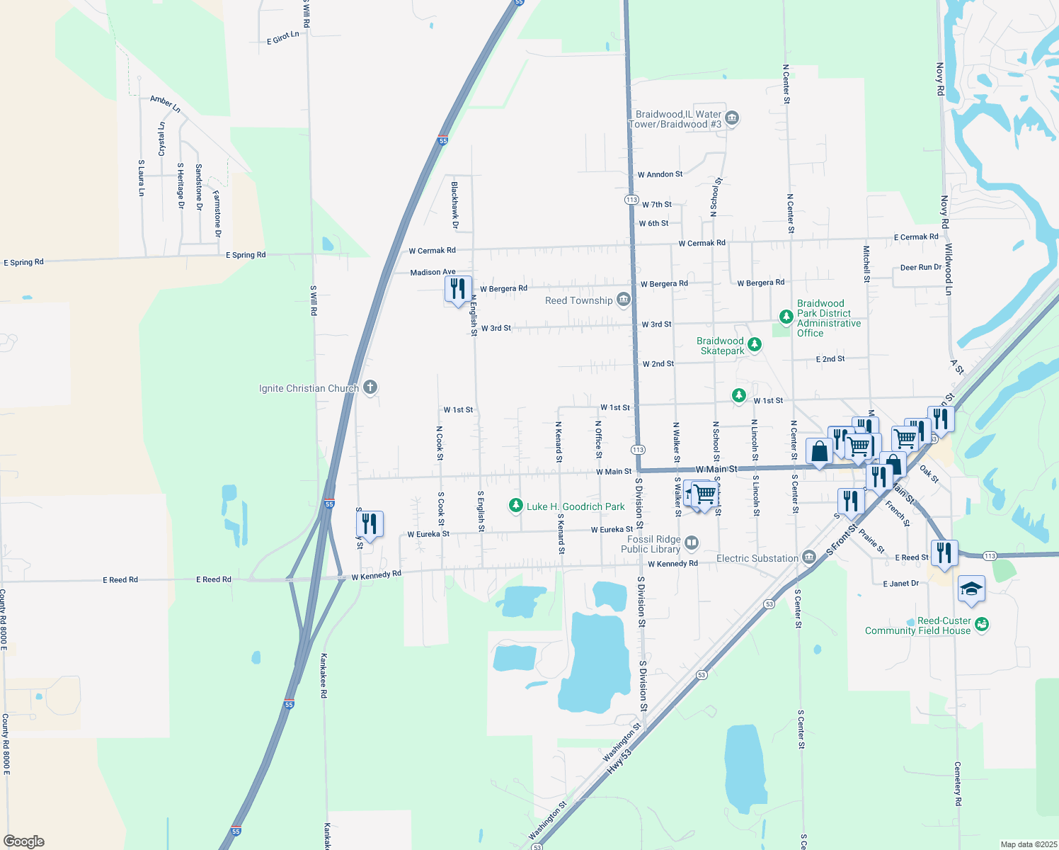 map of restaurants, bars, coffee shops, grocery stores, and more near 179 North Maple Street in Braidwood