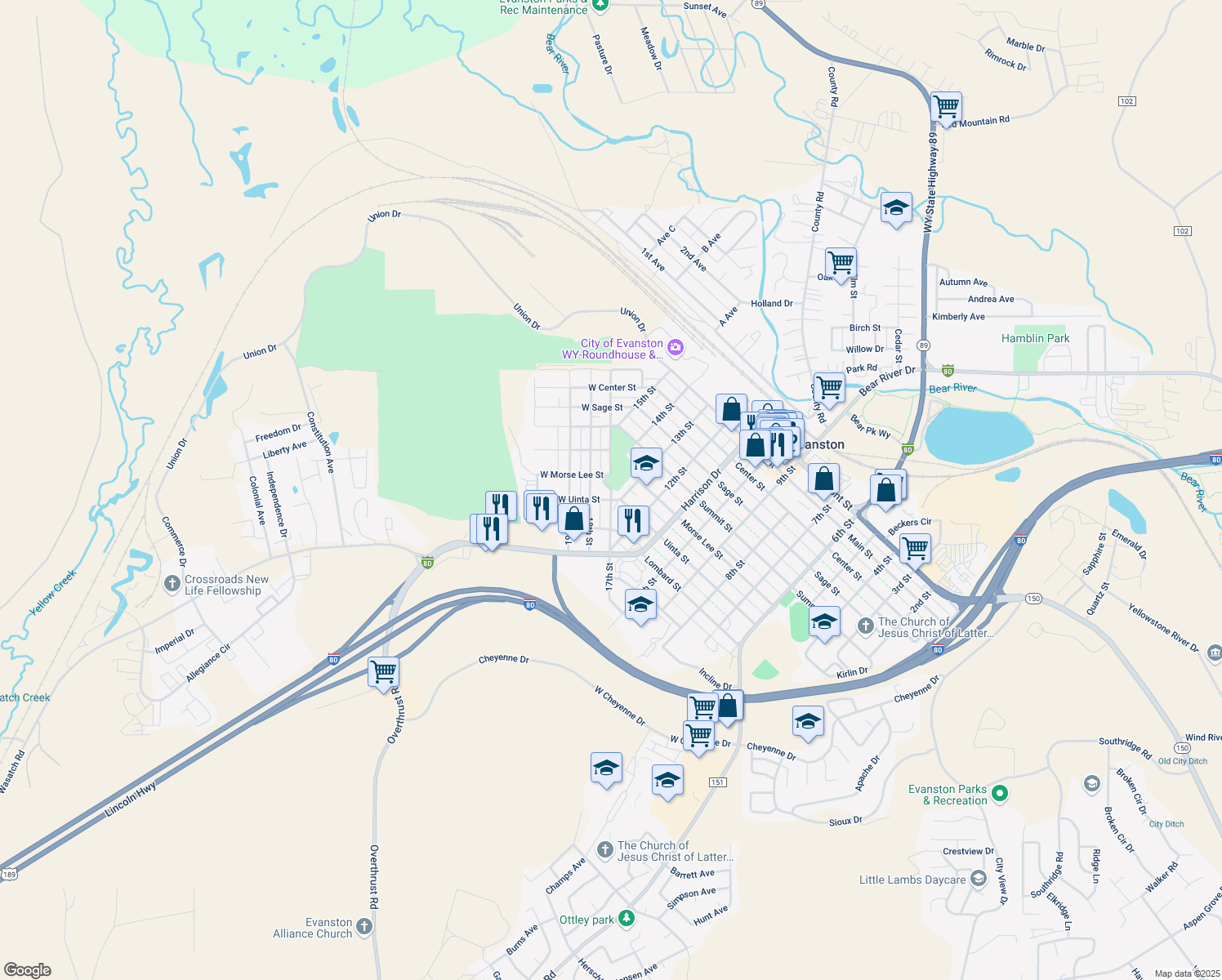 map of restaurants, bars, coffee shops, grocery stores, and more near 17th St in Evanston