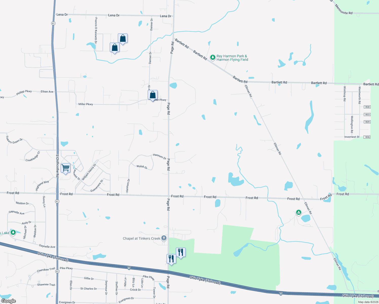 map of restaurants, bars, coffee shops, grocery stores, and more near 1954 Springside Cir in Streetsboro
