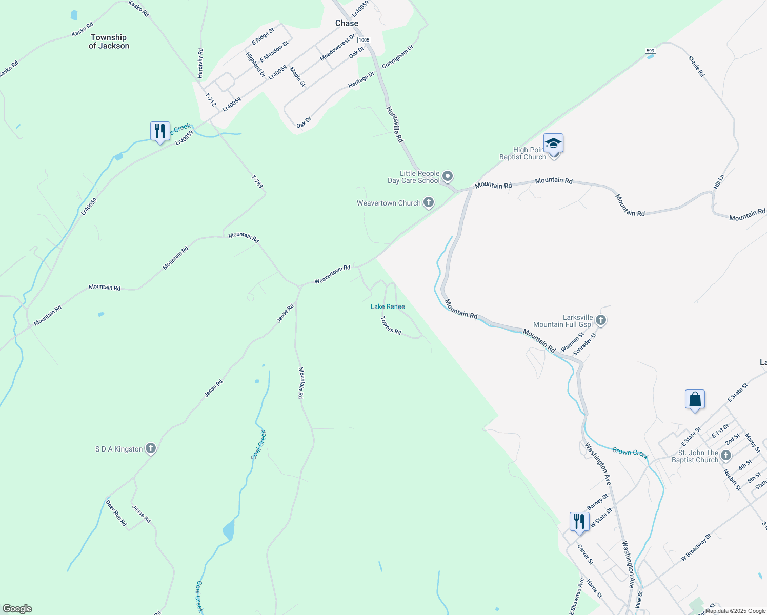 map of restaurants, bars, coffee shops, grocery stores, and more near Towers Road in Luzerne County
