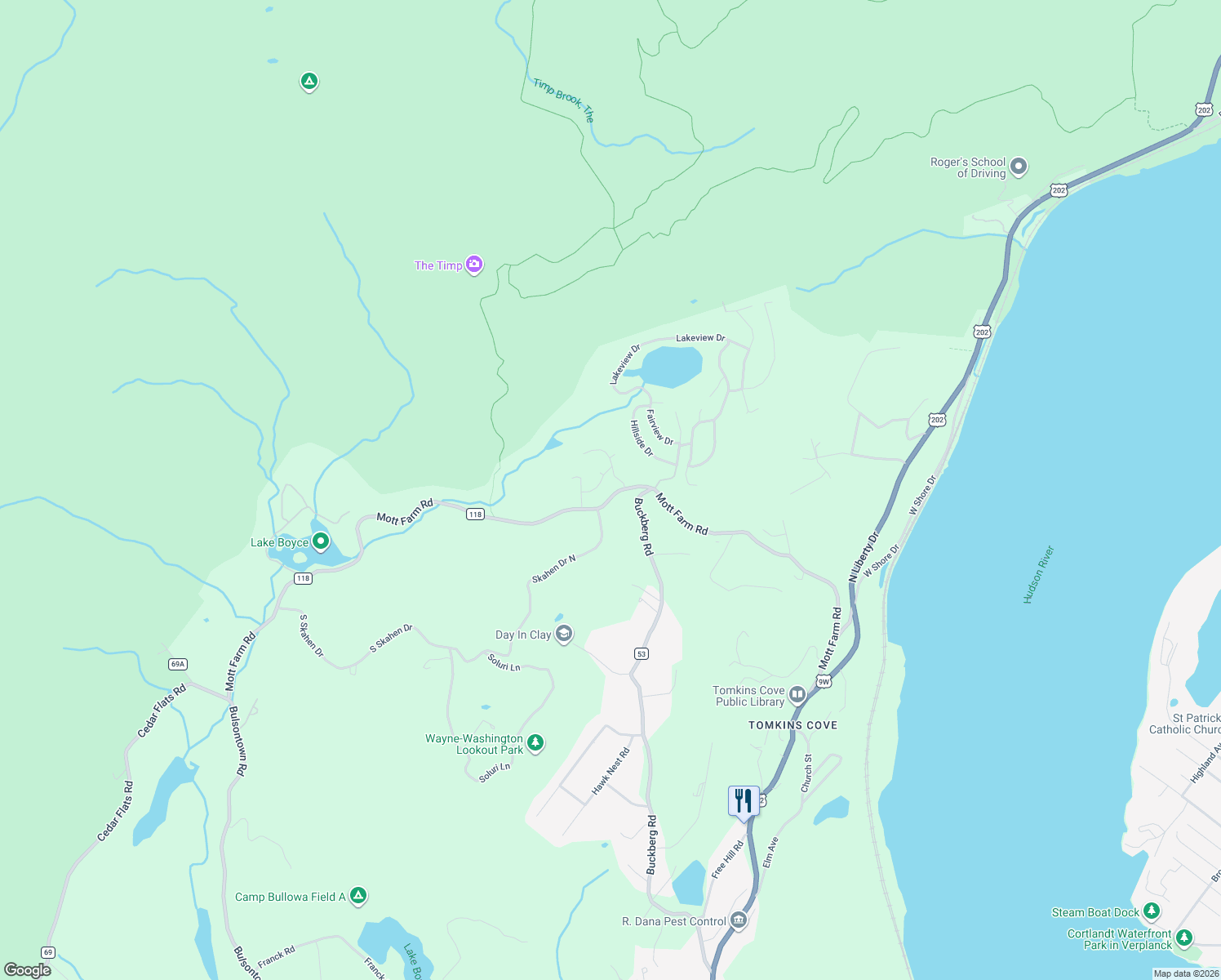 map of restaurants, bars, coffee shops, grocery stores, and more near 86 Mott Farm Road in Tomkins Cove