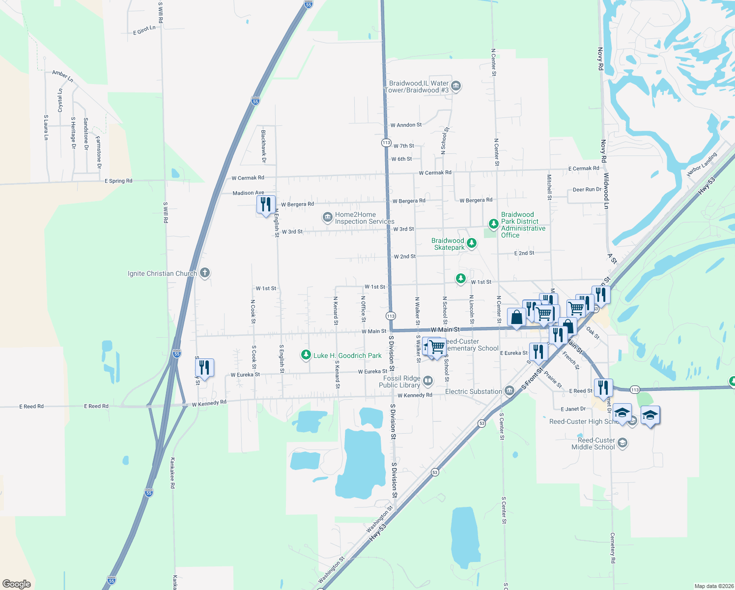 map of restaurants, bars, coffee shops, grocery stores, and more near 179 North Office Street in Braidwood