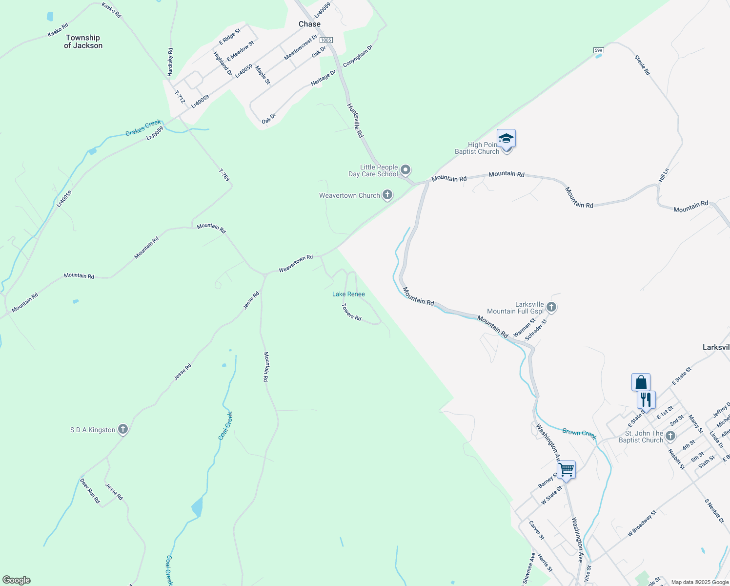 map of restaurants, bars, coffee shops, grocery stores, and more near Hillcrest Road in Luzerne County