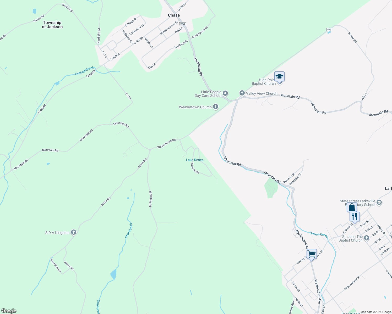 map of restaurants, bars, coffee shops, grocery stores, and more near Hillcrest Road in Luzerne County
