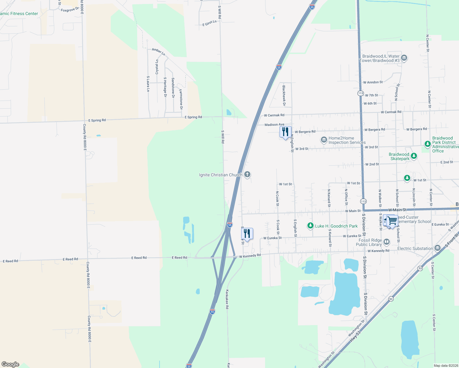 map of restaurants, bars, coffee shops, grocery stores, and more near 197 South Will Road in Braidwood