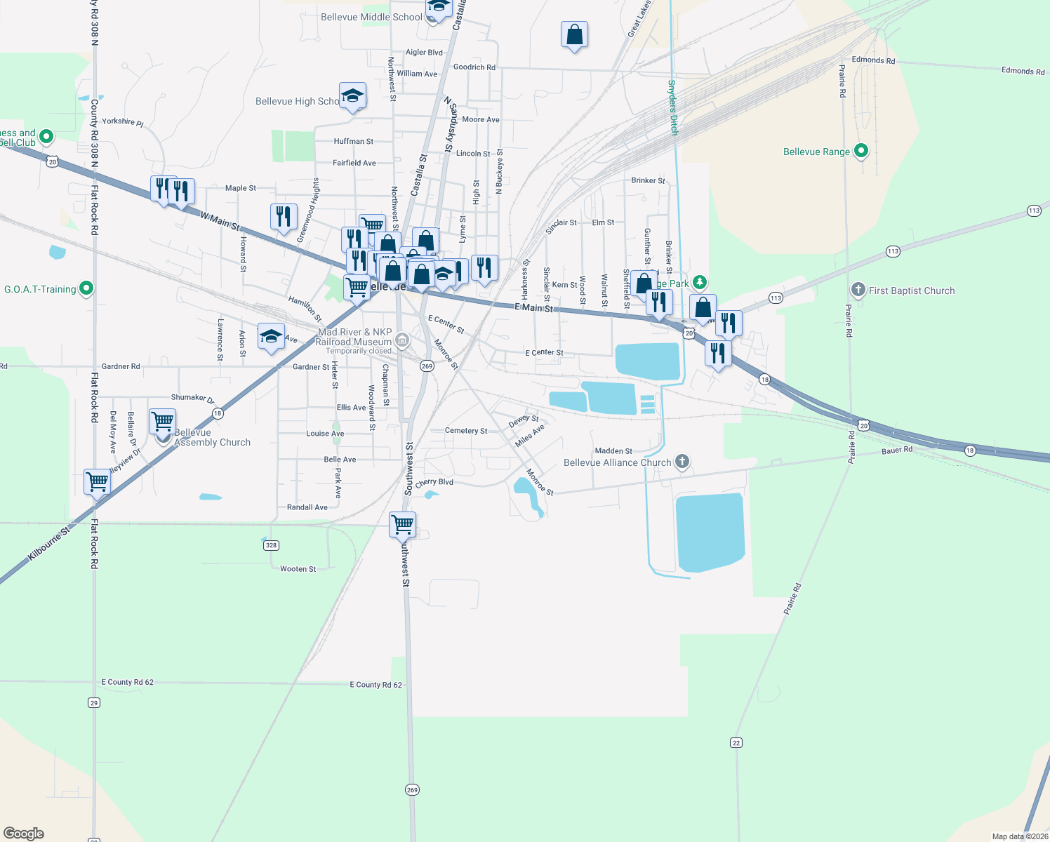 map of restaurants, bars, coffee shops, grocery stores, and more near 621 Dewey Street in Bellevue