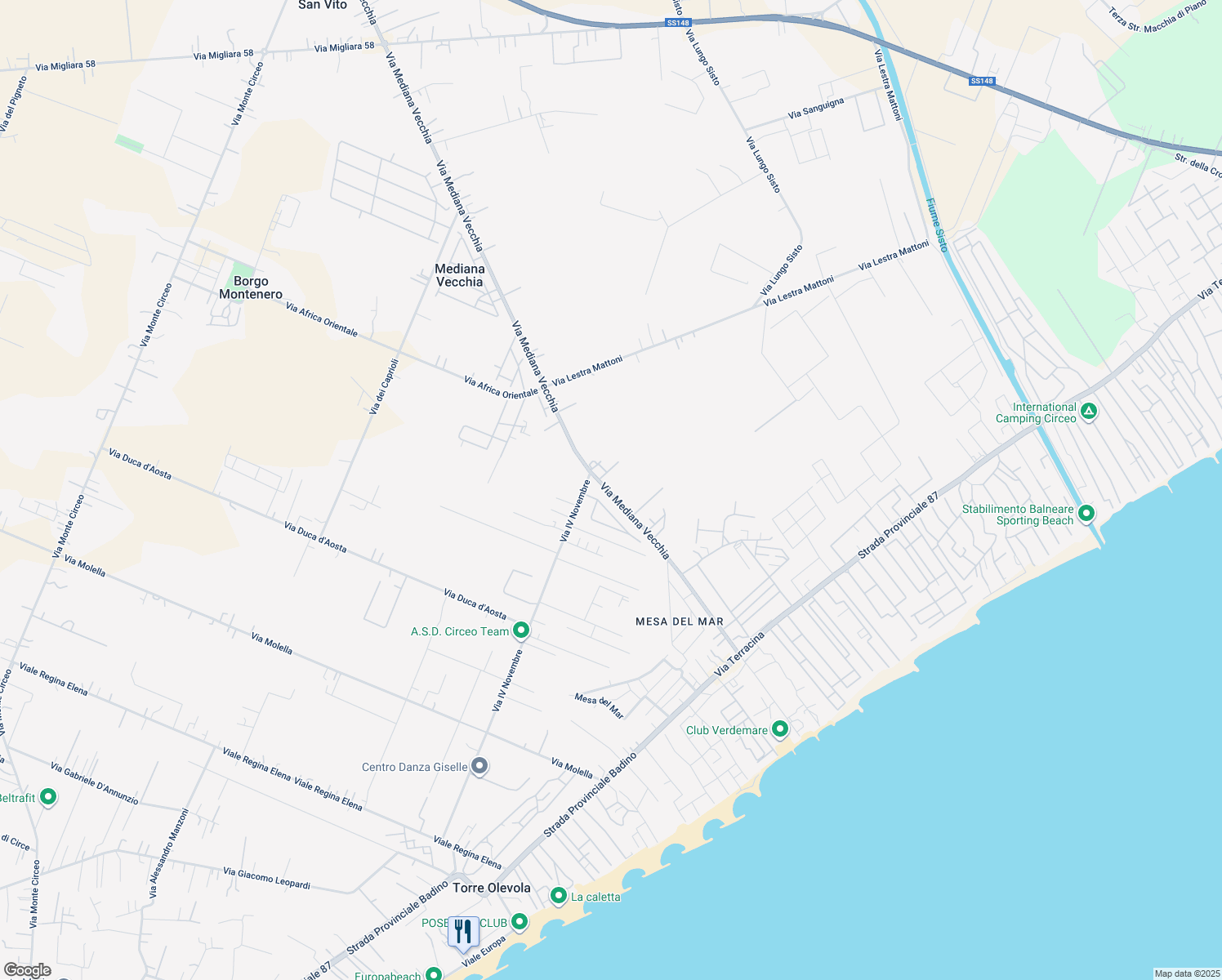 map of restaurants, bars, coffee shops, grocery stores, and more near 35 Via Mediana Vecchia in San Felice Circeo