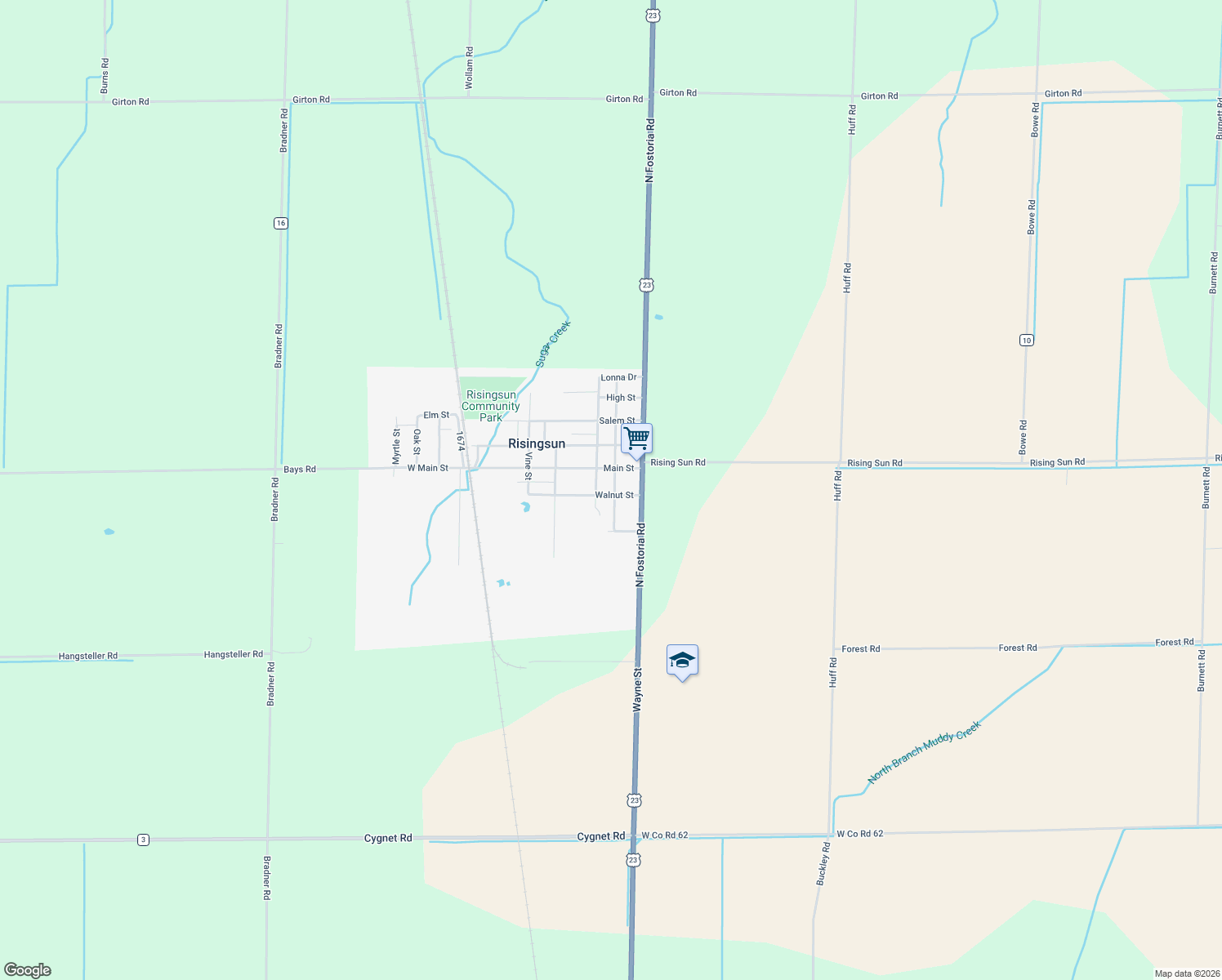 map of restaurants, bars, coffee shops, grocery stores, and more near 112 Luther Street in Risingsun