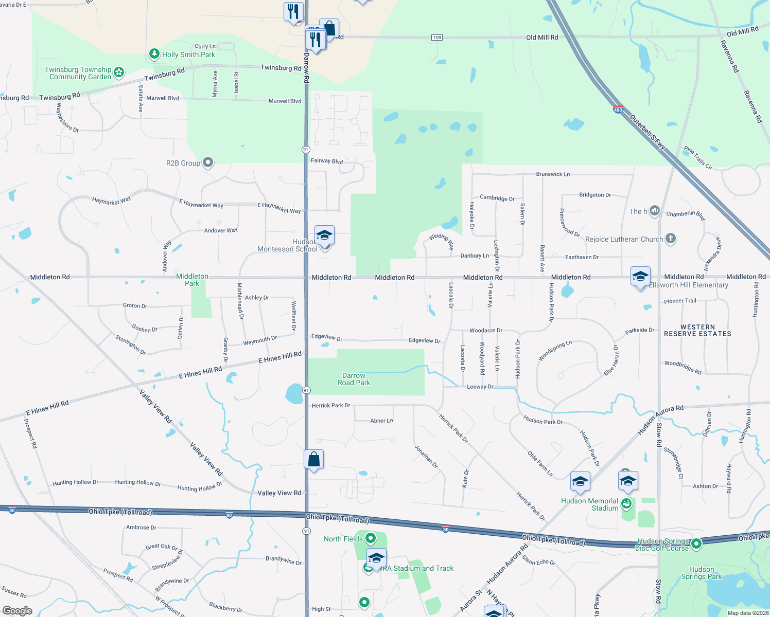 map of restaurants, bars, coffee shops, grocery stores, and more near 2200 Middleton Rd in Hudson