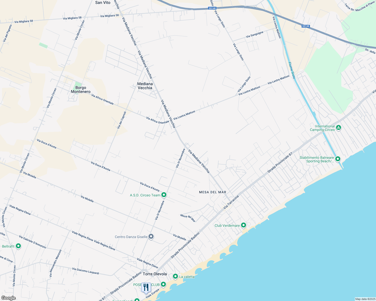 map of restaurants, bars, coffee shops, grocery stores, and more near 35 Via Mediana Vecchia in San Felice Circeo