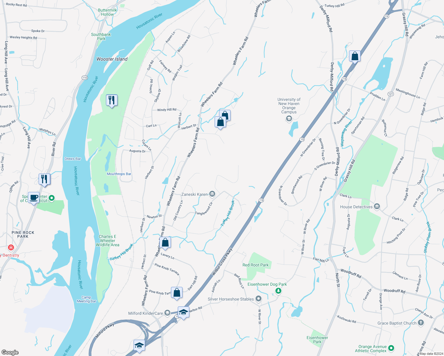 map of restaurants, bars, coffee shops, grocery stores, and more near 98 Yellow Brick Road in Milford