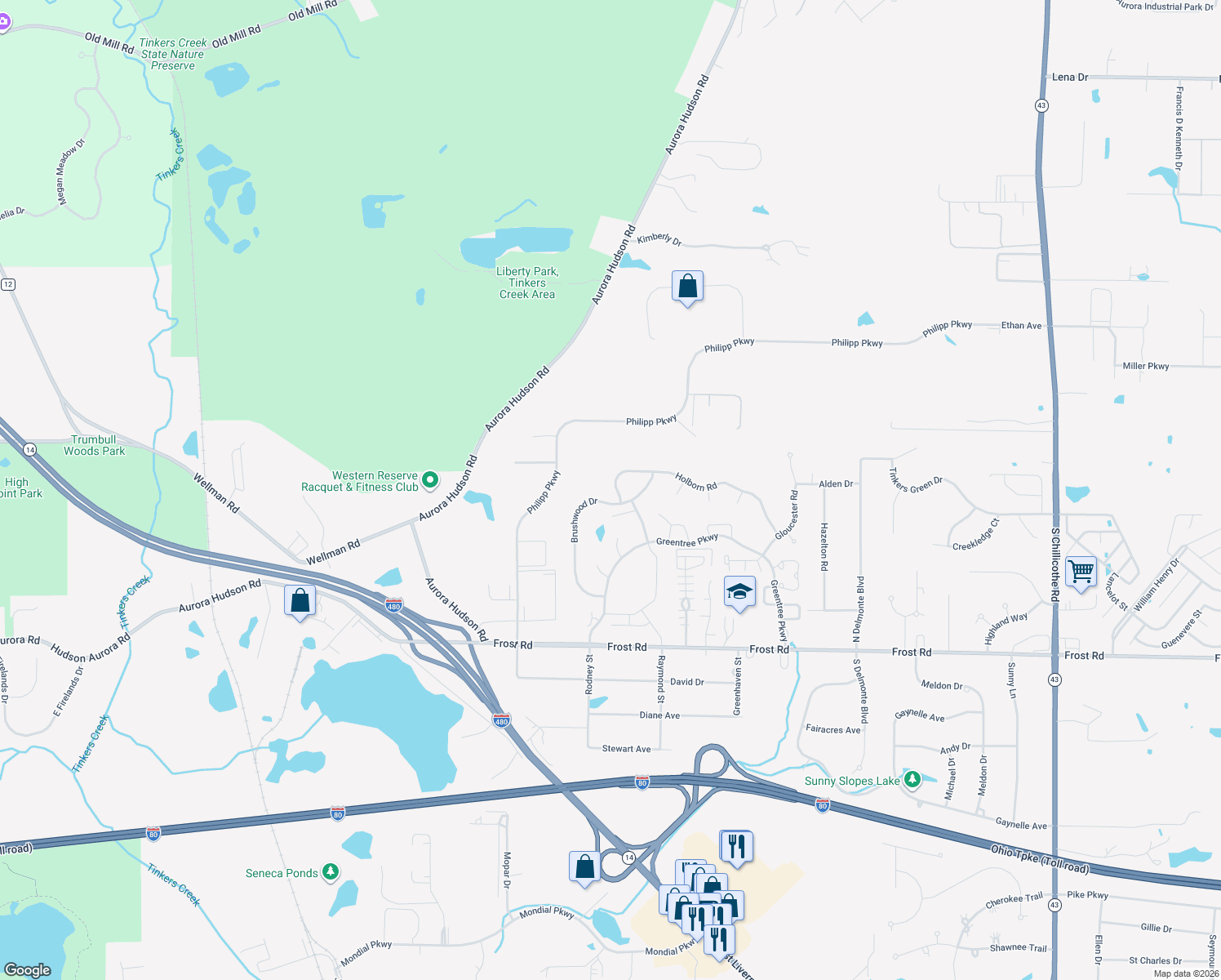 map of restaurants, bars, coffee shops, grocery stores, and more near 757 Holborn Road in Streetsboro