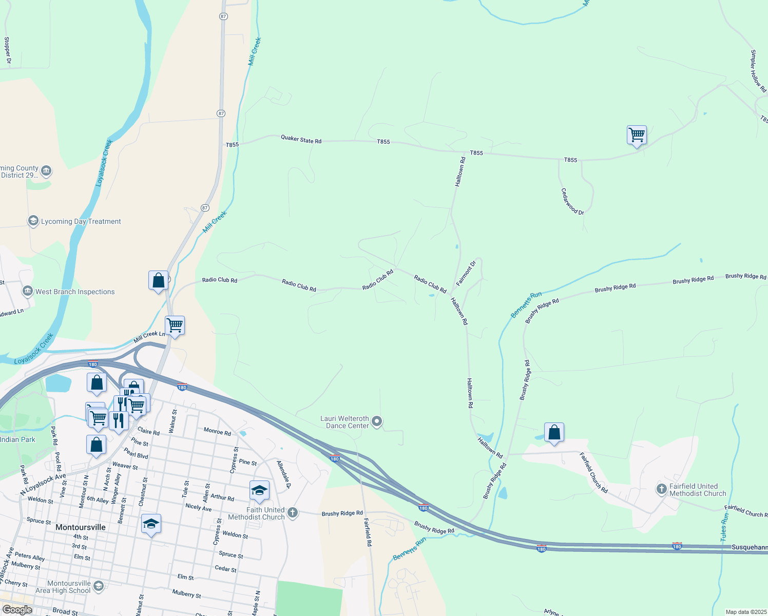 map of restaurants, bars, coffee shops, grocery stores, and more near in Montoursville