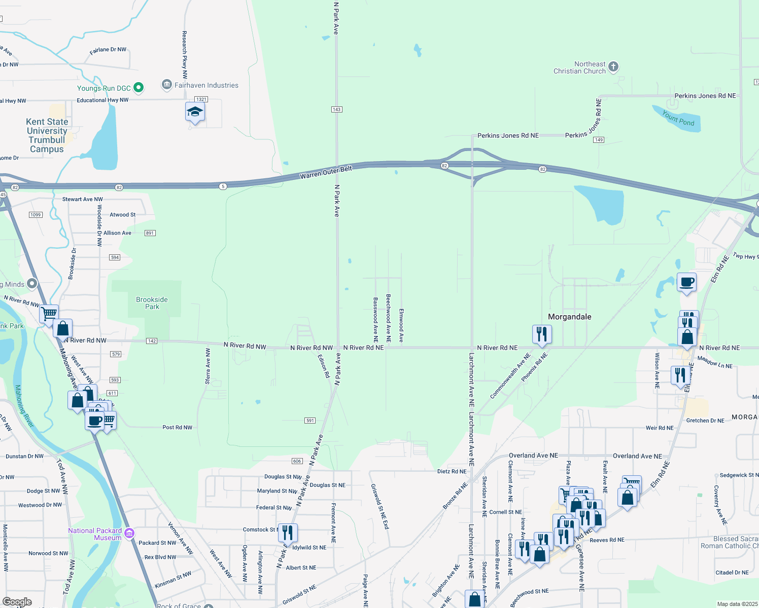 map of restaurants, bars, coffee shops, grocery stores, and more near 3616 Basswood Avenue Northeast in Warren