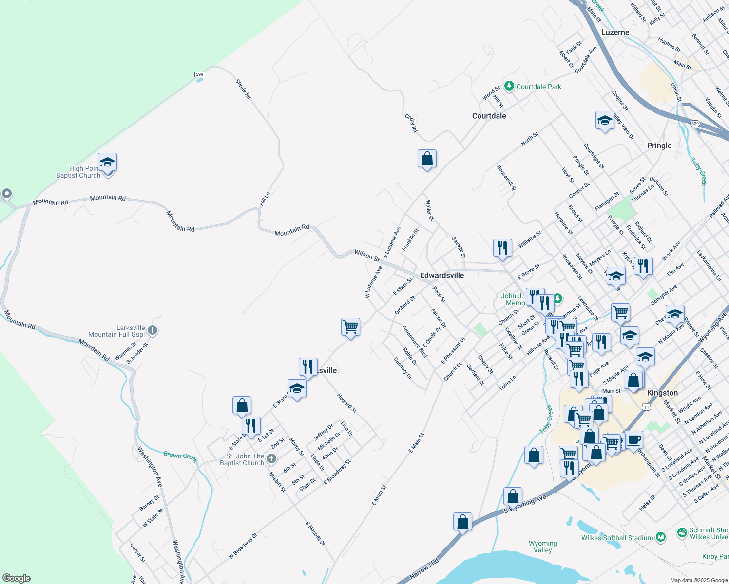 map of restaurants, bars, coffee shops, grocery stores, and more near 120 West Luzerne Avenue in Larksville