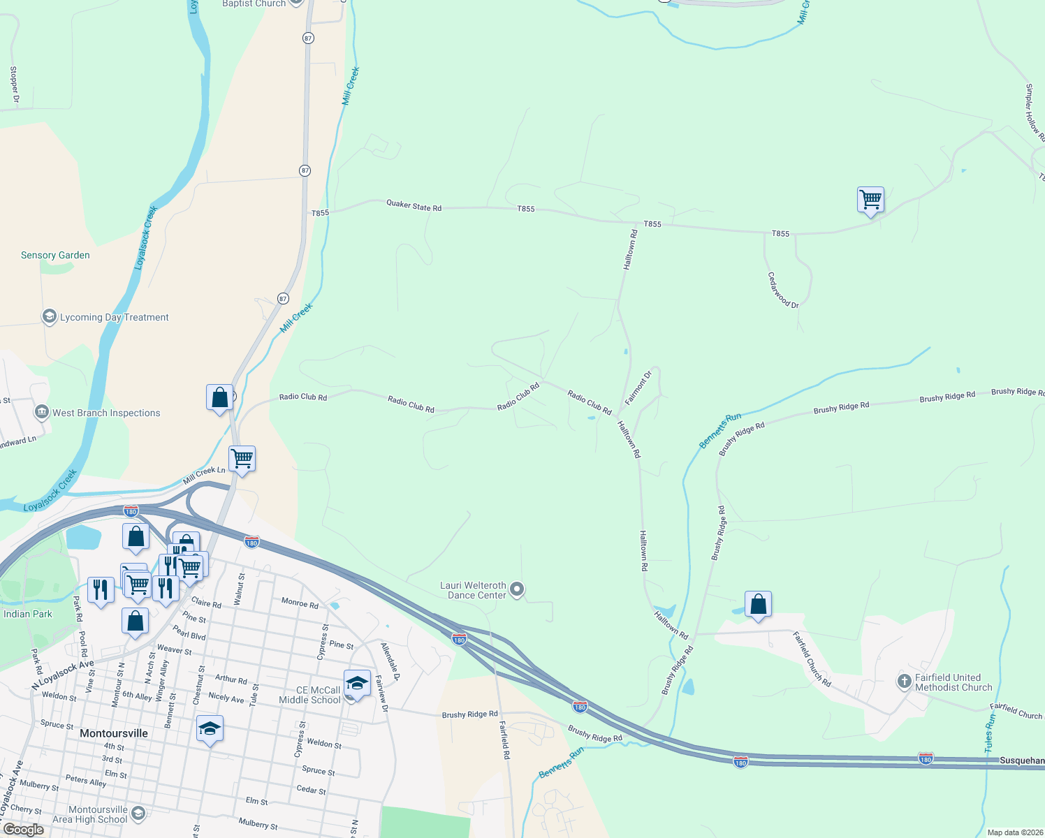 map of restaurants, bars, coffee shops, grocery stores, and more near Radio Club Road in Montoursville