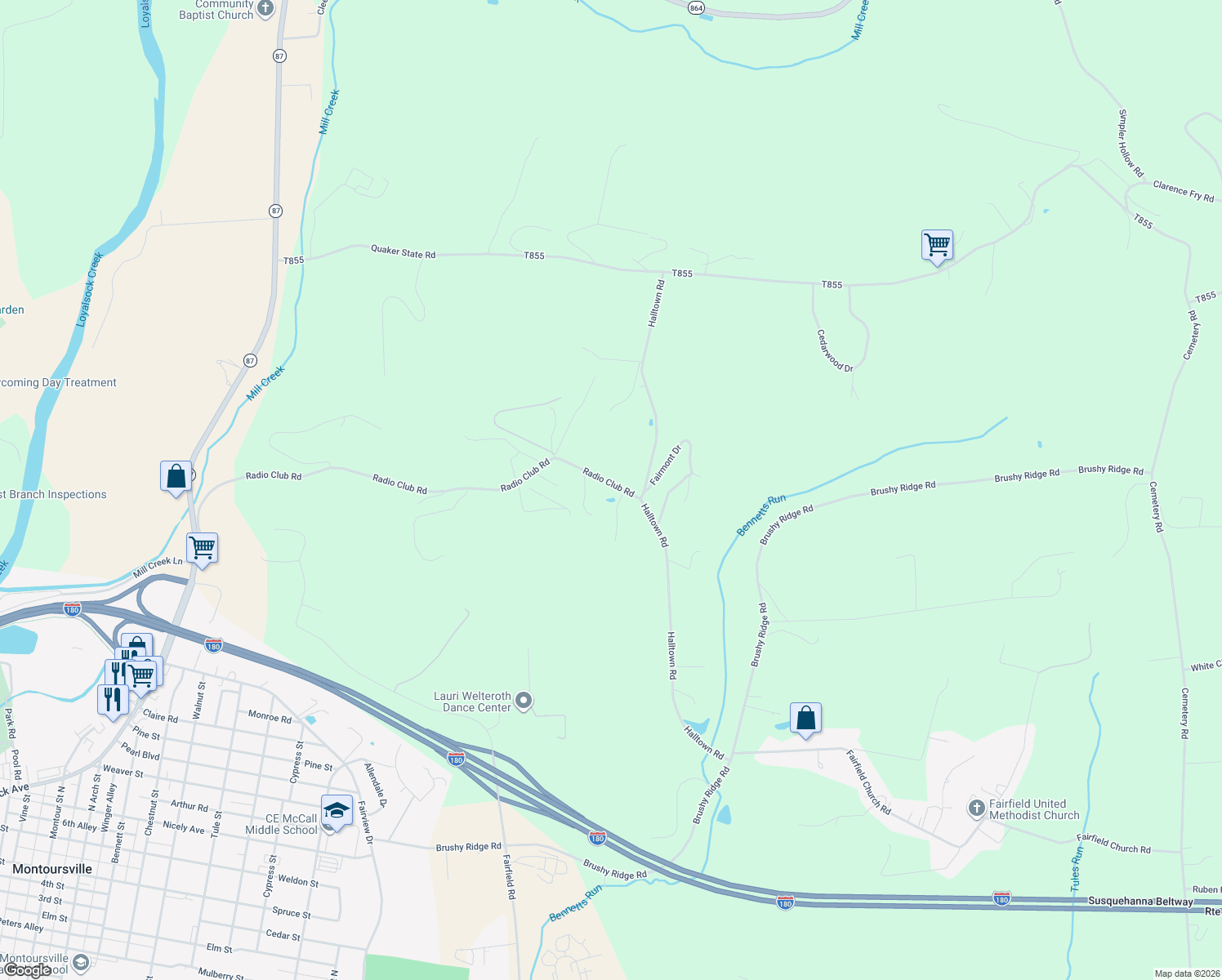 map of restaurants, bars, coffee shops, grocery stores, and more near 1164 Radio Club Road in Montoursville