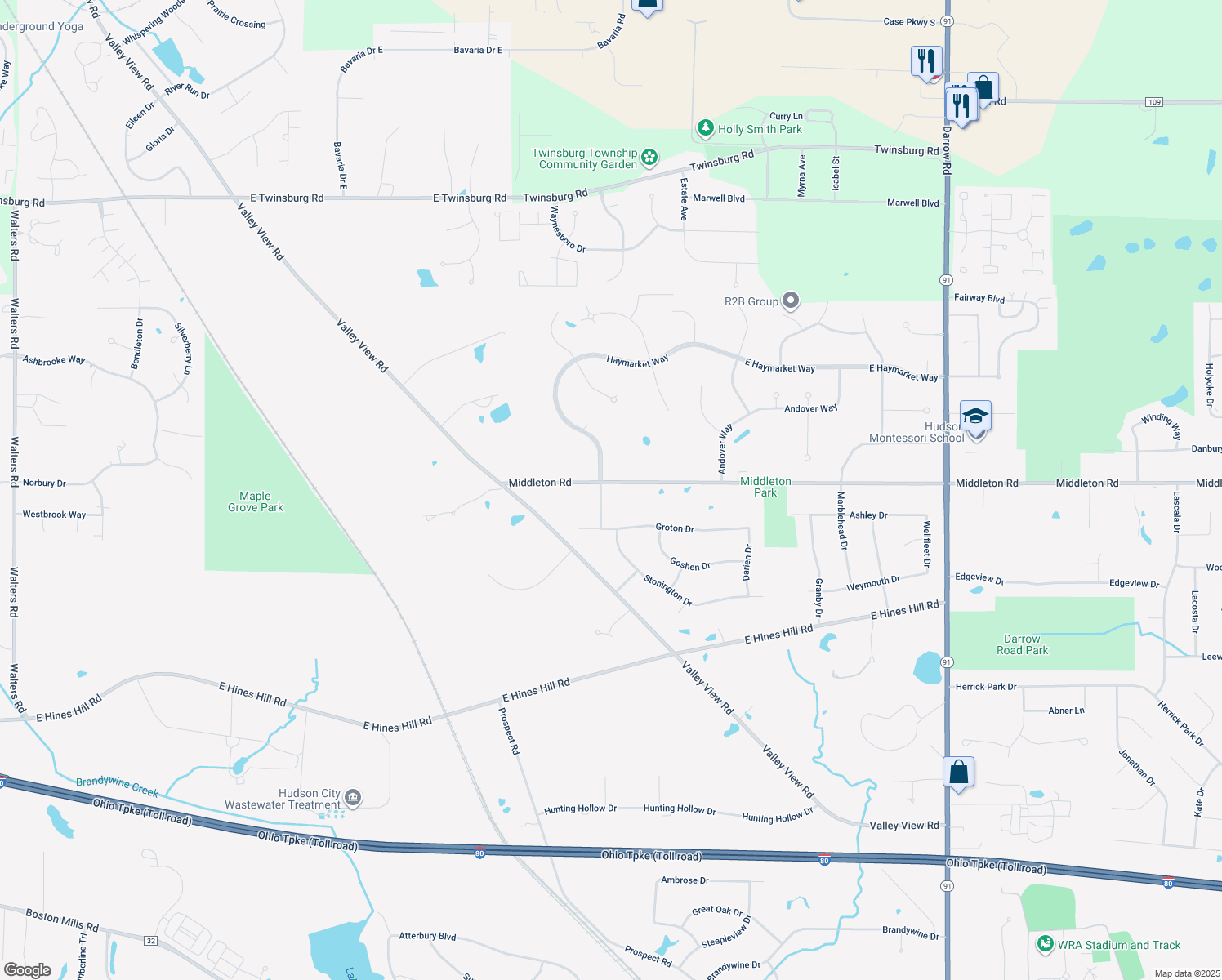 map of restaurants, bars, coffee shops, grocery stores, and more near 7379 Winsted Road in Hudson