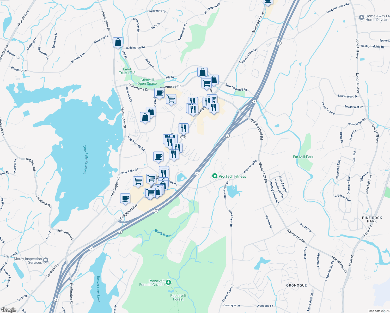map of restaurants, bars, coffee shops, grocery stores, and more near 46 Hemlock Drive in Shelton