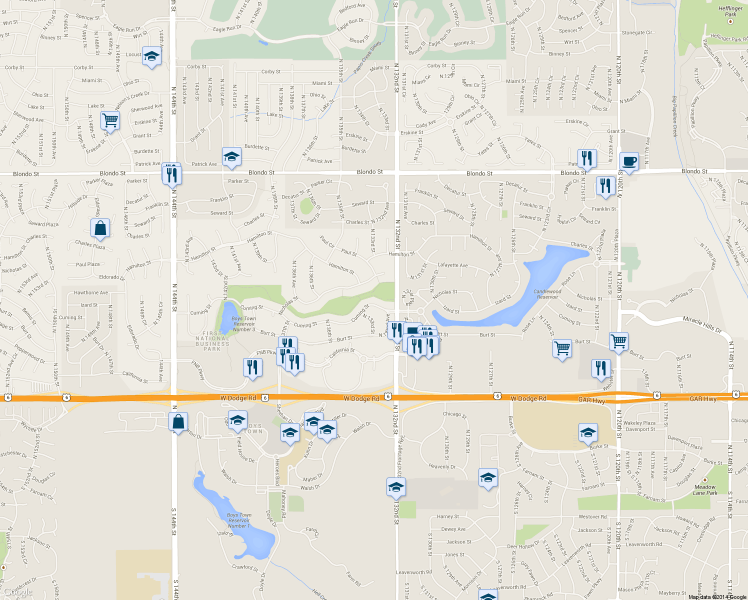map of restaurants, bars, coffee shops, grocery stores, and more near 13270 Cuming St in Omaha