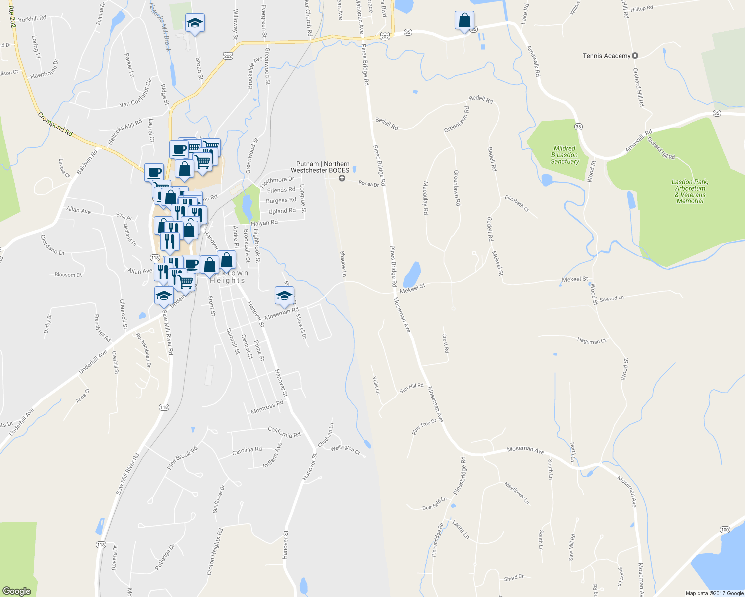 map of restaurants, bars, coffee shops, grocery stores, and more near 10 Moseman Road in Yorktown Heights