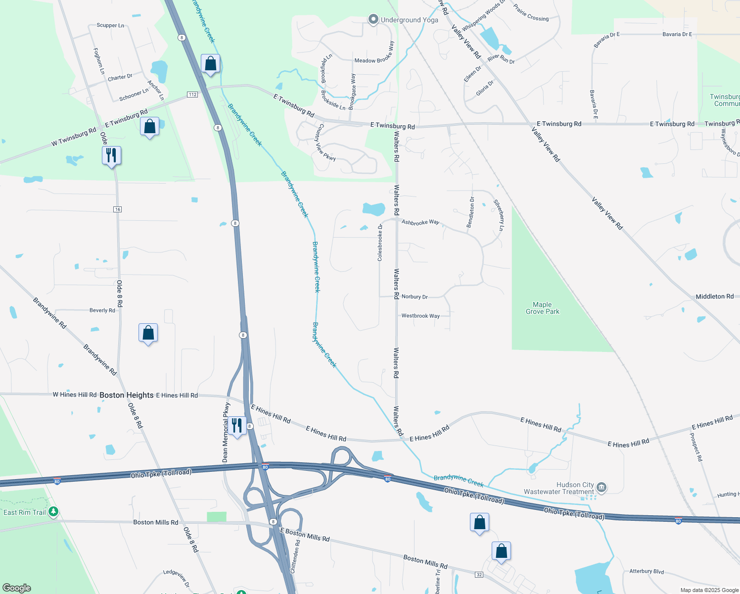 map of restaurants, bars, coffee shops, grocery stores, and more near 7136 Colesbrooke Drive in Hudson