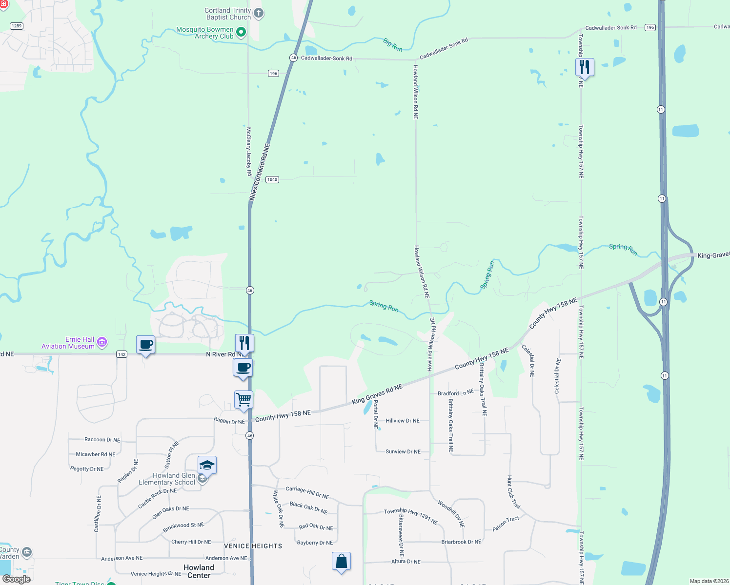 map of restaurants, bars, coffee shops, grocery stores, and more near 2941 Howland Wilson Road Northeast in Warren