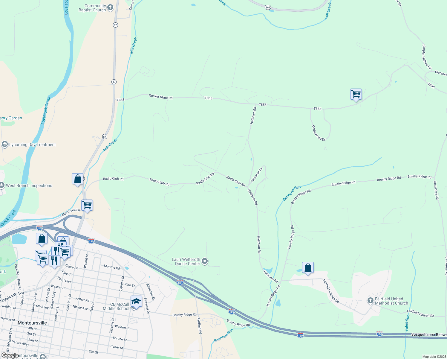 map of restaurants, bars, coffee shops, grocery stores, and more near Radio Club Road in Montoursville