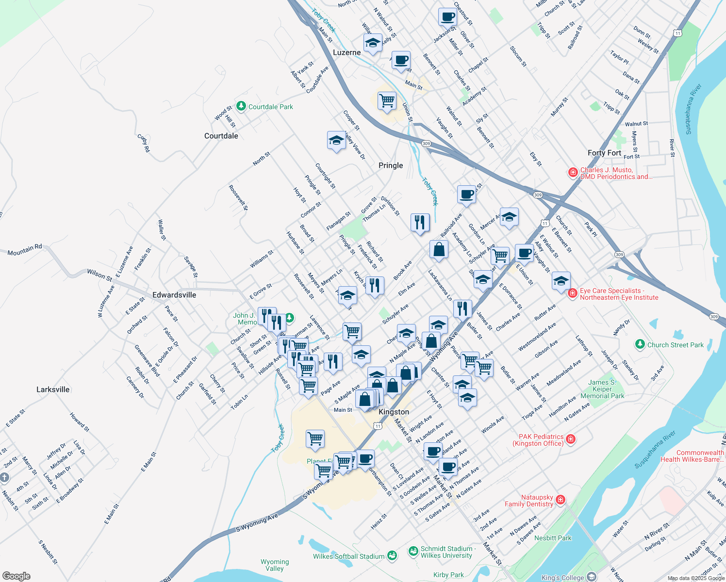 map of restaurants, bars, coffee shops, grocery stores, and more near 18 Krych Street in Kingston