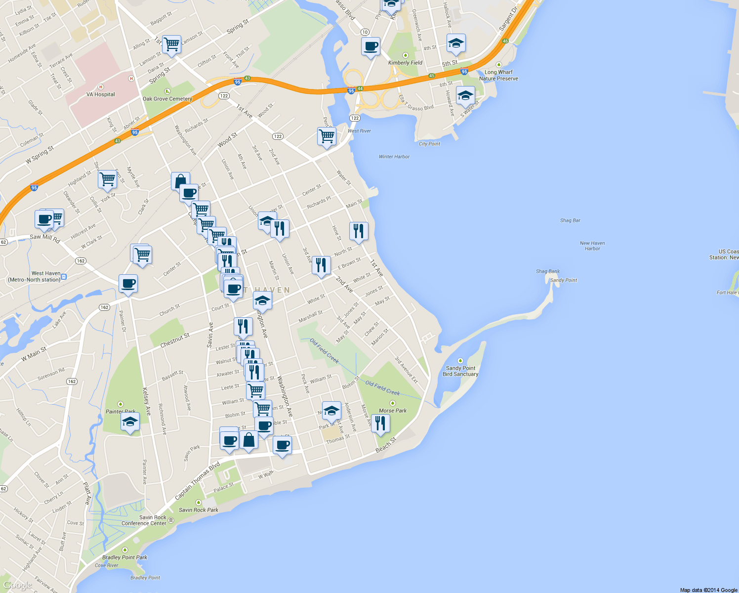 map of restaurants, bars, coffee shops, grocery stores, and more near 48 Jones Street in West Haven