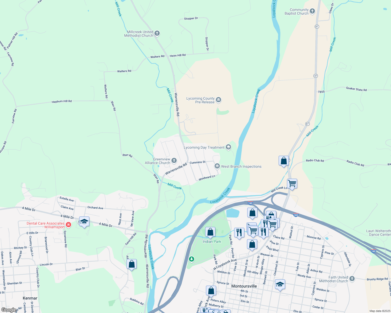 map of restaurants, bars, coffee shops, grocery stores, and more near 2098 Woodland Road in Montoursville