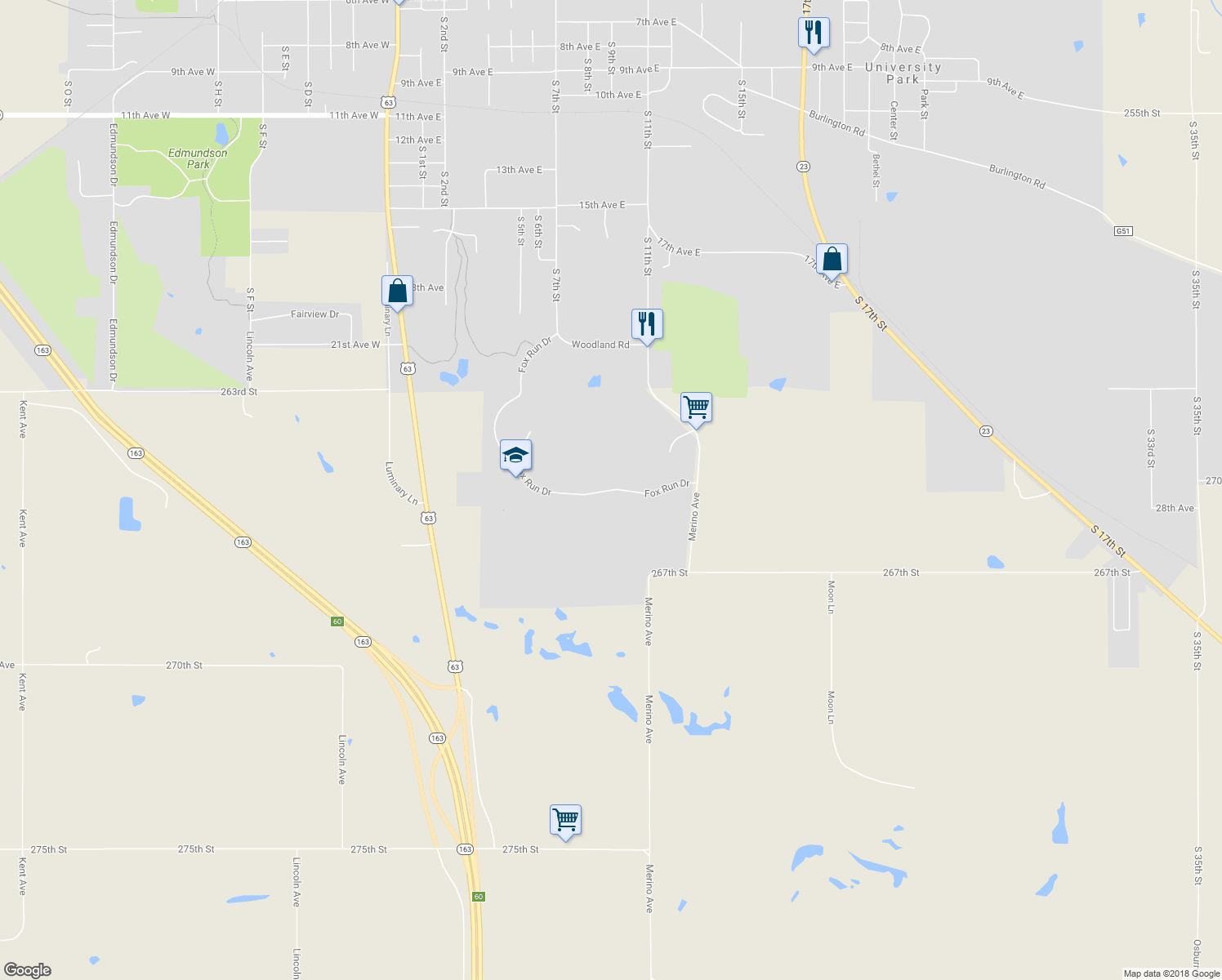 map of restaurants, bars, coffee shops, grocery stores, and more near Fox Run Drive in Oskaloosa