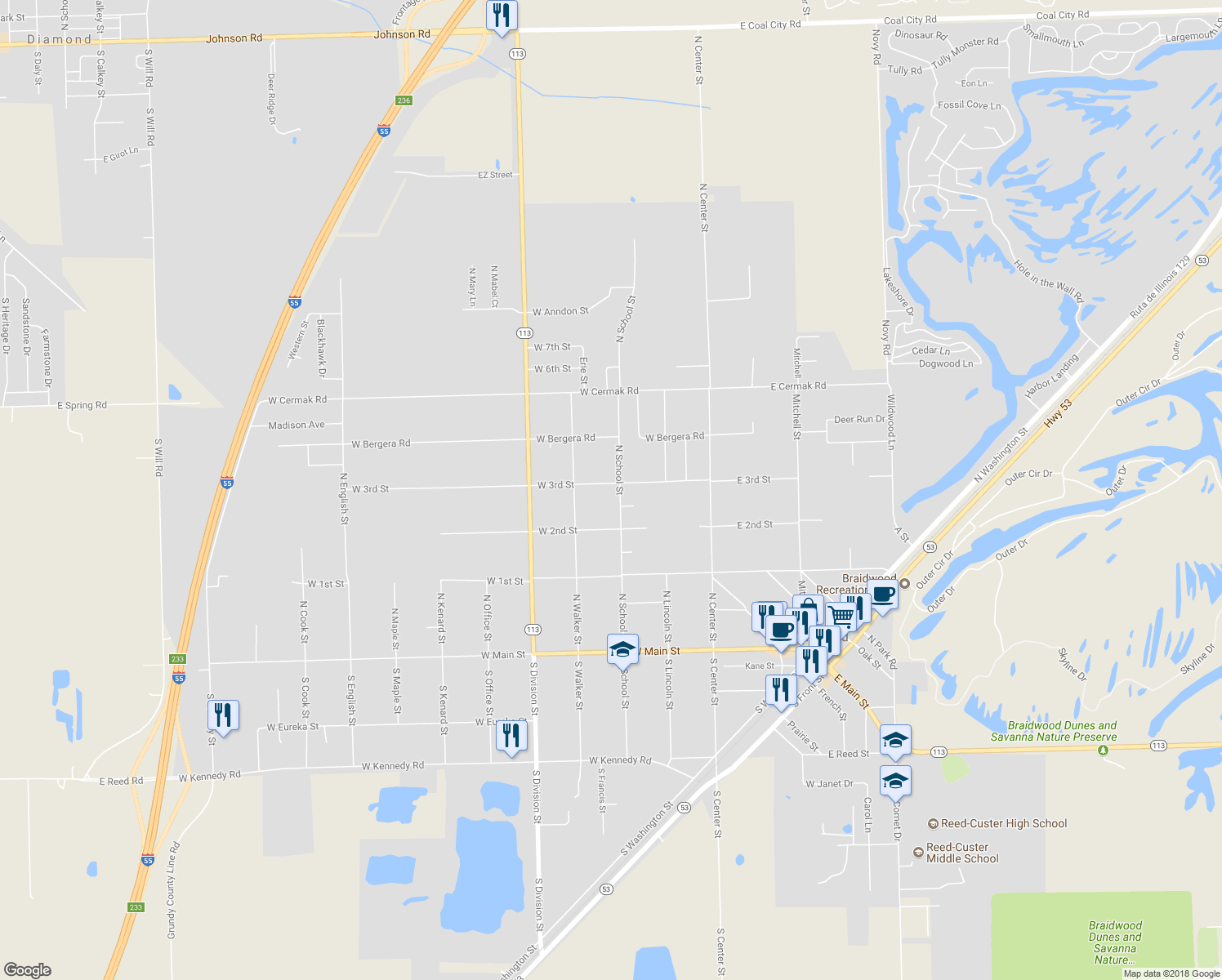 map of restaurants, bars, coffee shops, grocery stores, and more near 388 North School Street in Braidwood