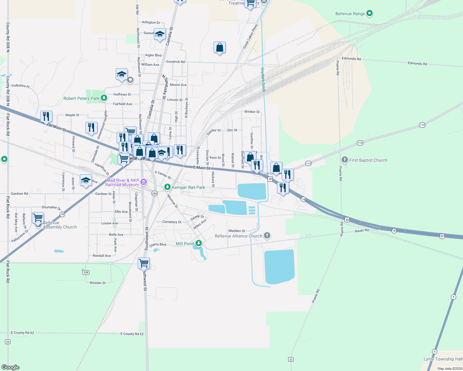 map of restaurants, bars, coffee shops, grocery stores, and more near 136 Orchard Street in Bellevue