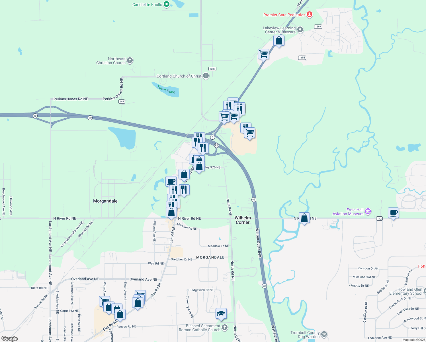 map of restaurants, bars, coffee shops, grocery stores, and more near 2610 Township Highway 976 Northeast in Warren