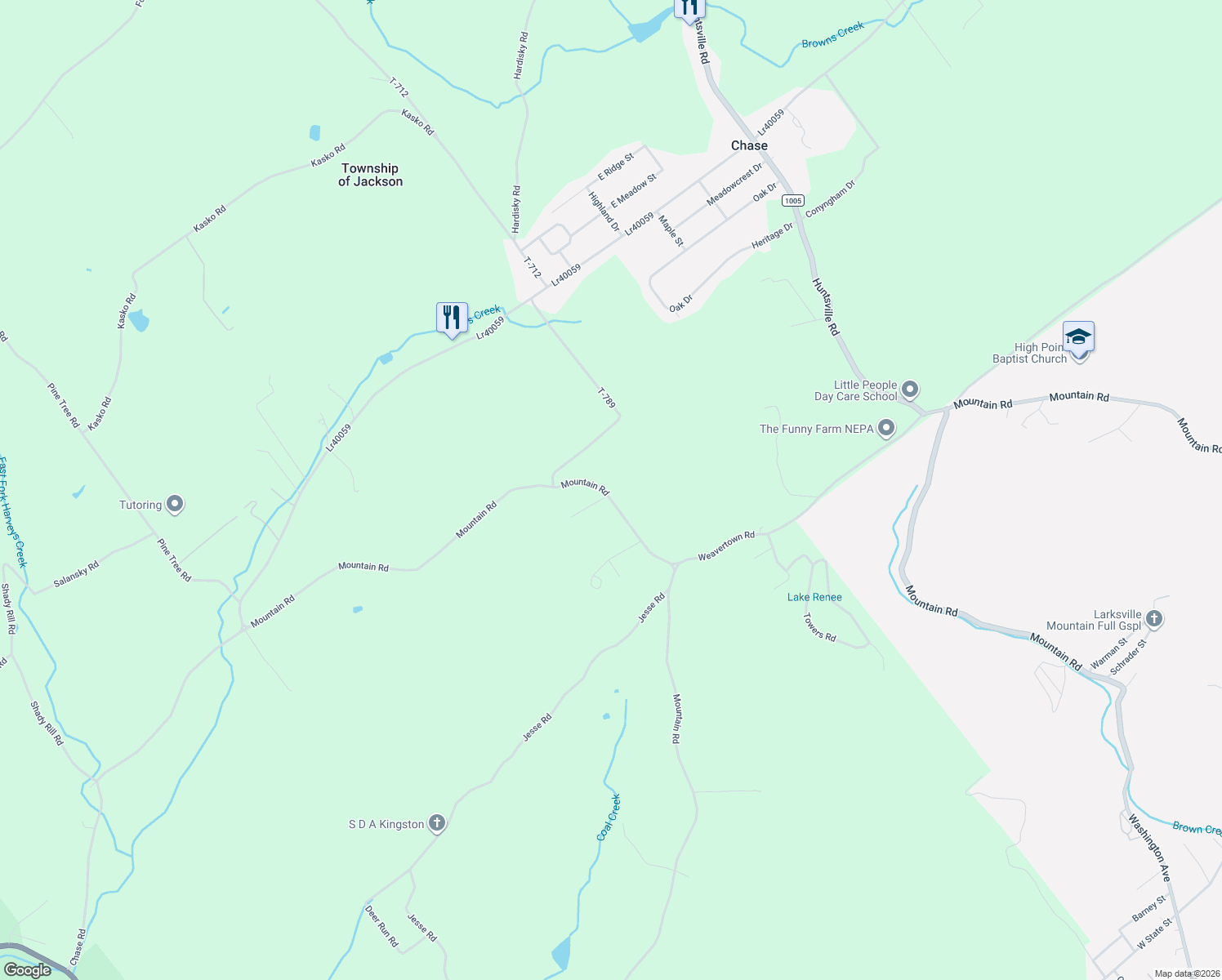 map of restaurants, bars, coffee shops, grocery stores, and more near 322 Mountain Road in Shavertown
